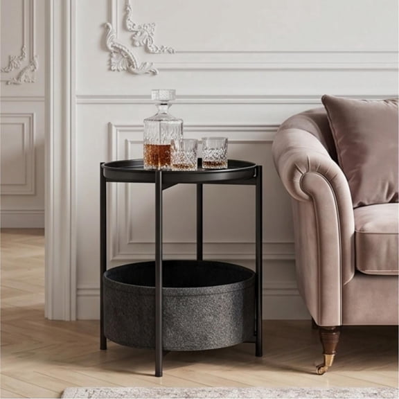 Small Round Tray Side End Table with Fabric Storage Basket, Modern Multi-Purpose Nightstand for Living Room, Bedroom, Patio & Small Spaces