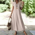 thumbnail image 2 of Evdexr Womens Linen Dresses Cotton Maxi Dresses Solid Colour Flowy V Neck Short Sleeve Retro Dress Plus Size Long Baggy 2025 Shirt Dress with Pockets Beige 2XL, 2 of 7