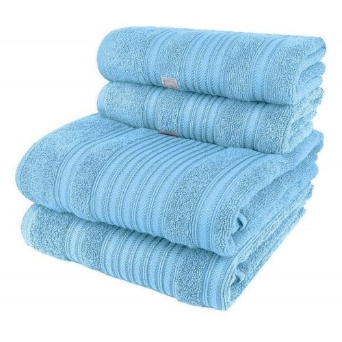 kit juego de 4 toallas de baño florence 450g 100% algodón - 2 baño + 2 cara, apilado frontal con 2 toallas de baño (80x150 cm) y 2 toallas de cara (44x80 cm) en jade, rizo de algodón con bandas decorativas horizontales y etiqueta visible, textura mullida 450 g/m²; fondo blanco. Su tamaño compacto las hace también aptas para llevar en viajes cortos o uso en gimnasio.