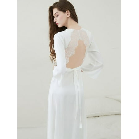 

CoCopeaunt Satin Fancy Nightgown Silk Fairy Dress Women Embroidery Lace Sleepwear Vintage Nightie Long Dressing Gown Bride Wedding