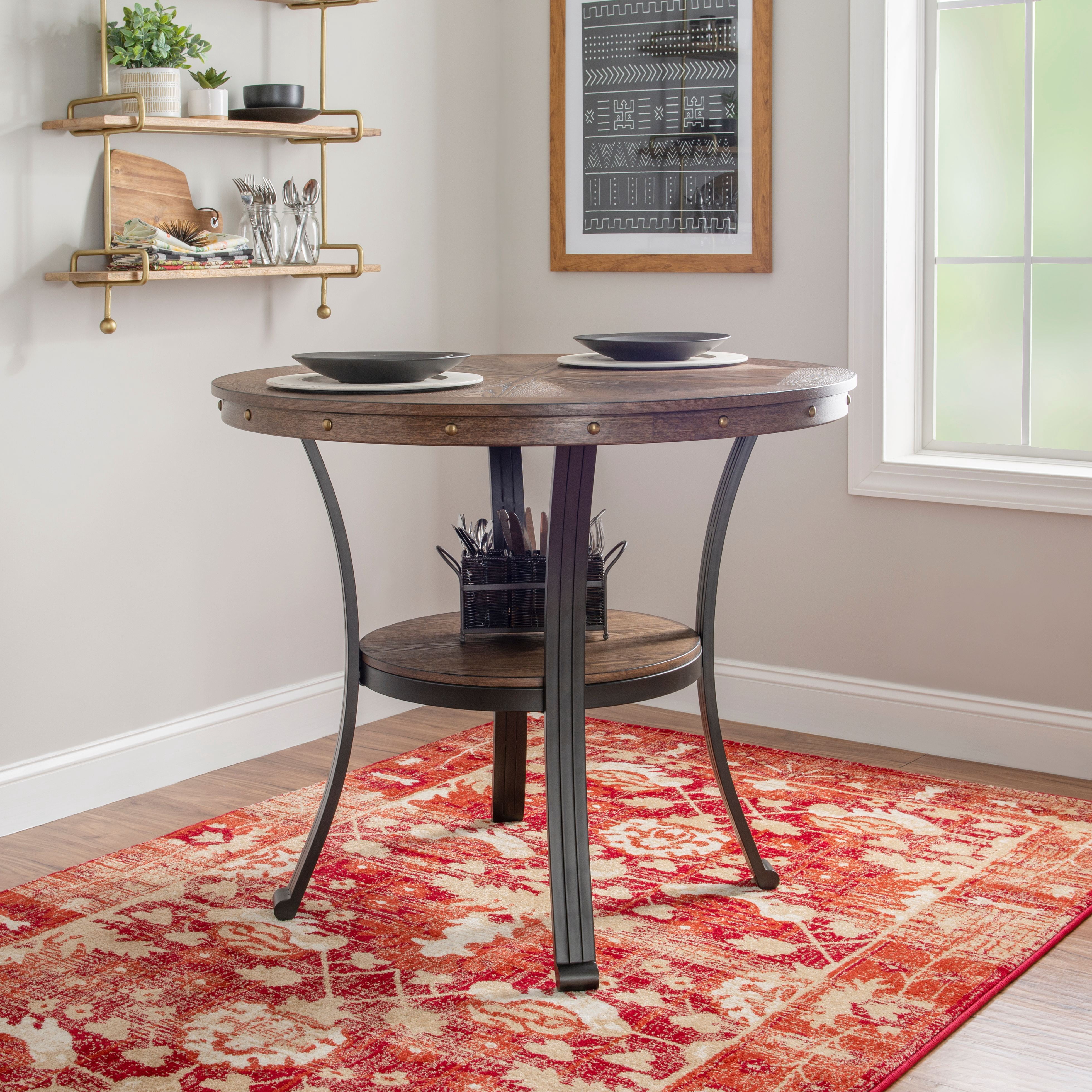 Powell Holloway Round Counter Height Dining Table with Shelf, Rustic Umber