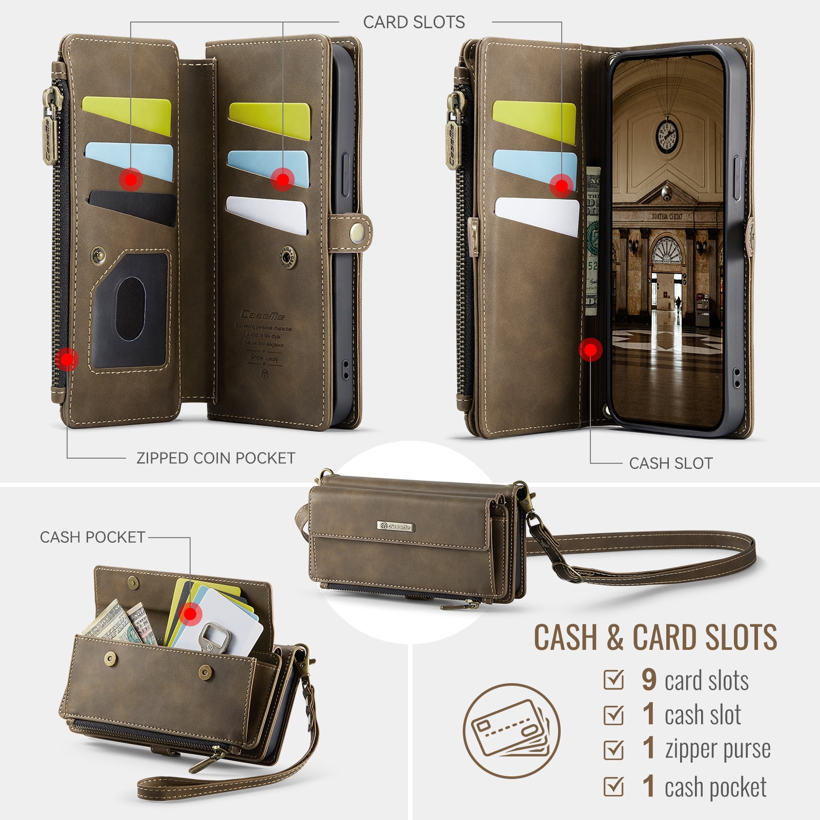 Compatible with iPhone 13 Wallet Case, Women Men RFID Blocking PU Leather Flip Cover Zipper Pocket Card Slots Phone Case for iPhone 13, Wrist Strap & Crossbody Strap, Coffee