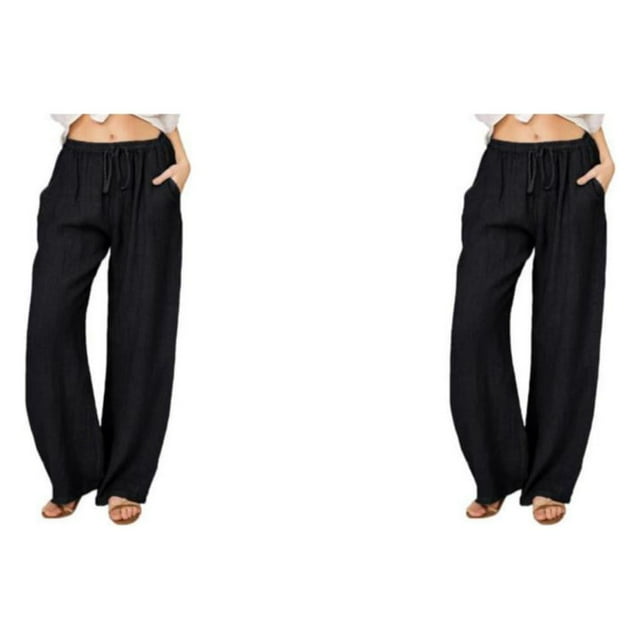Minnieouse Pantalones de mujer de poliéster Color sólido Reemplazo suelto Plisado Cintura alta Niñas Verano Pantalón largo transpirable Negro Negro XXXL 2Conjunto