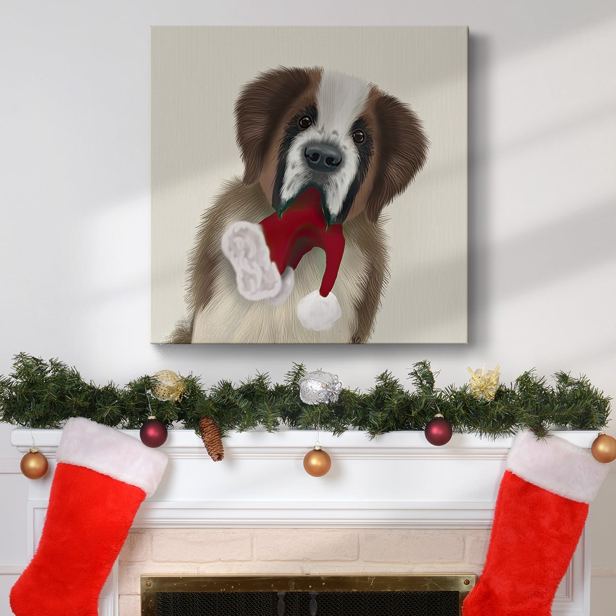 St Bernard and Christmas Hat- Gallery Wrapped Canvas