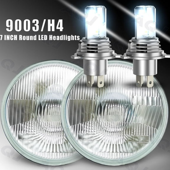 AQJ For Ford Mustang 1965-1978 Pair 7" INCH GLASS Round LED Headlights Hi/Low Beam