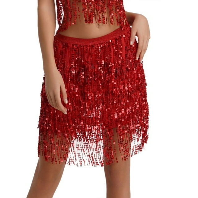 Besolor Jupe à Franges à Sequins pour Femmes Taille Élastique Mini Jupe à Pompons Soirée Danse
