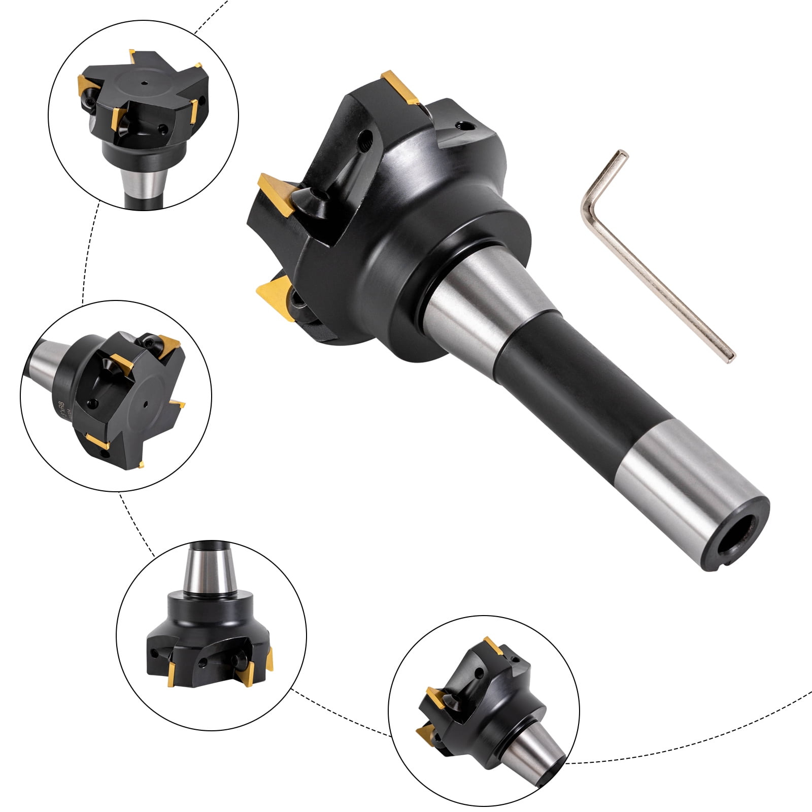 Alloy Steel Indexable End Mill 3'' Cutting Depth R8 Shank End Mill 5 Flutes+Key for Machining Centers