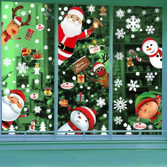 Christmas Window Clings Decorations - Snowflakes Sata Claus Merry Christmas Window Stickers PVC, Christmas Tree Xmas Window Decals for Home and Shop, Christams Decorations for Glass Windows
