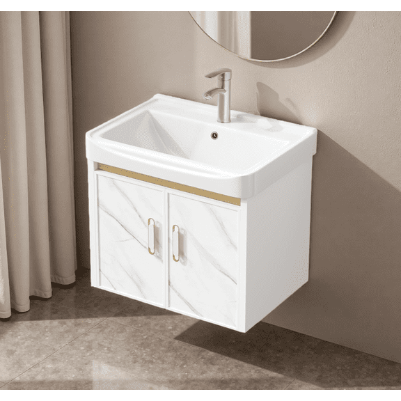 16‑inch Ultra‑Slim White Floating Wall‑Mounted Bathroom Vanity with Integrated Ceramic Sink, Single Door Storage Cabinet, Modern Vanity Unit for Small Bathrooms, Powder Rooms & Makeup Rooms