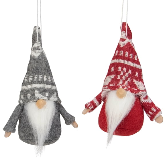 Northlight Santa Gnome Hanging Christmas Ornaments - 4" - Gray and Red - Set of 2