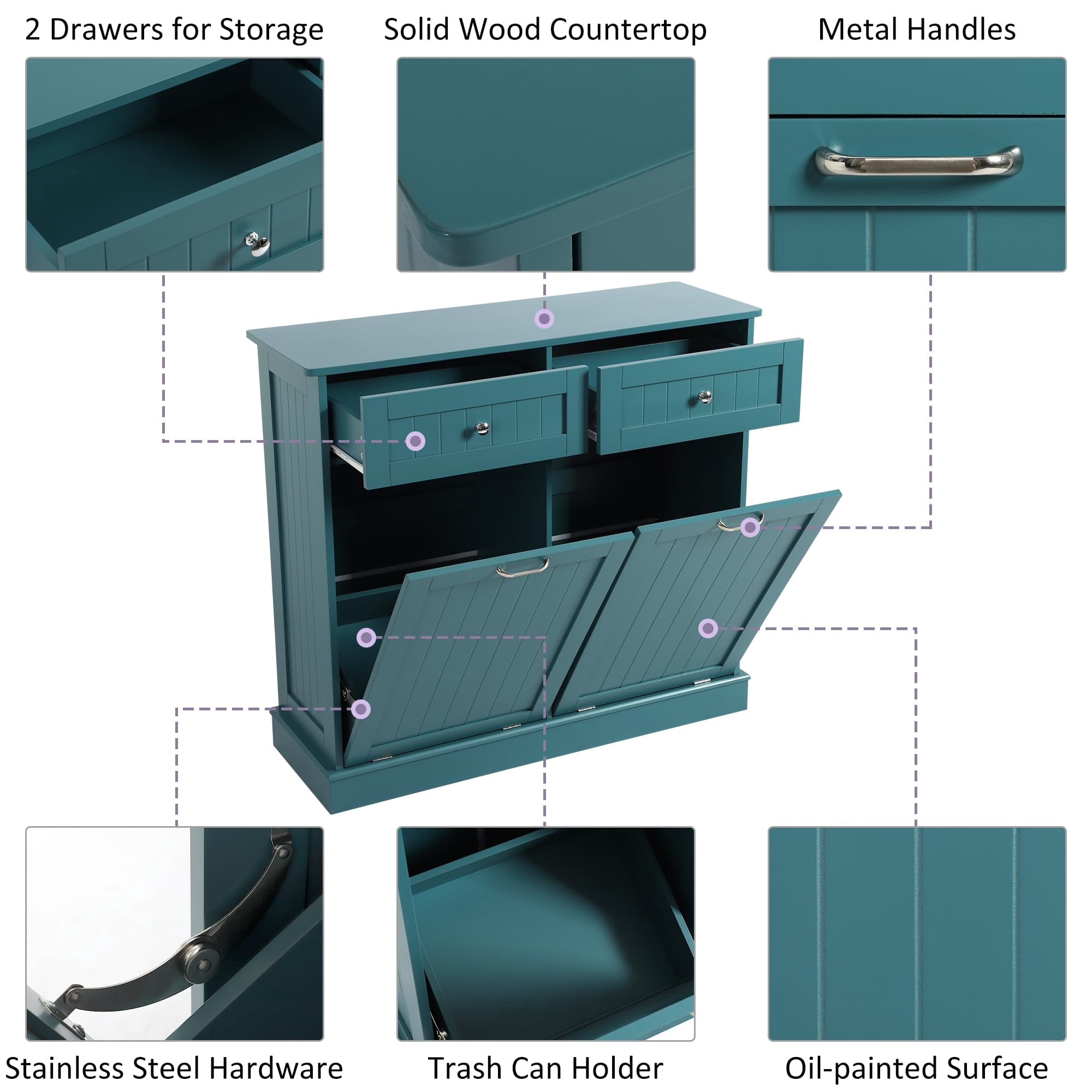 KIGOTY Dual Kitchen Trash Cabinet, Double Tilt Out Trash Can Cabinet with Countertop and Drawer, Free-Standing Pet Proof Recycling Cabinet Garbage Can Holder (Lake Blue)