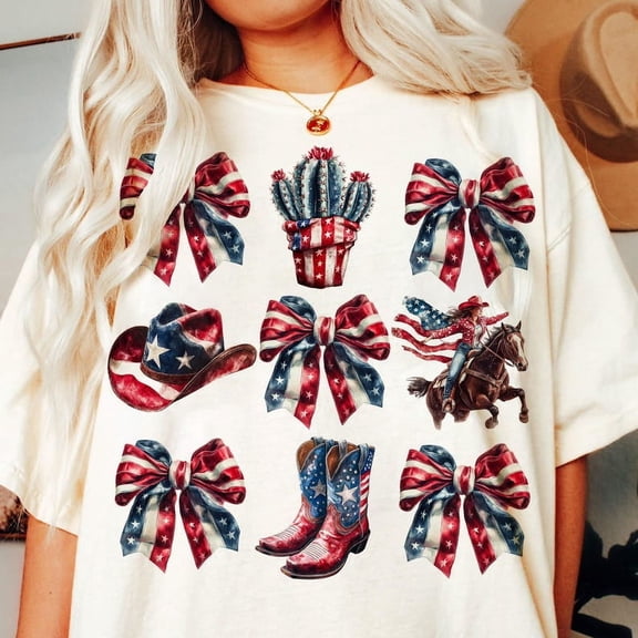 Coquette Bow 4th of July T-Shirt – Preppy American Flag Hair Bow Tee for Independence Day Fashion