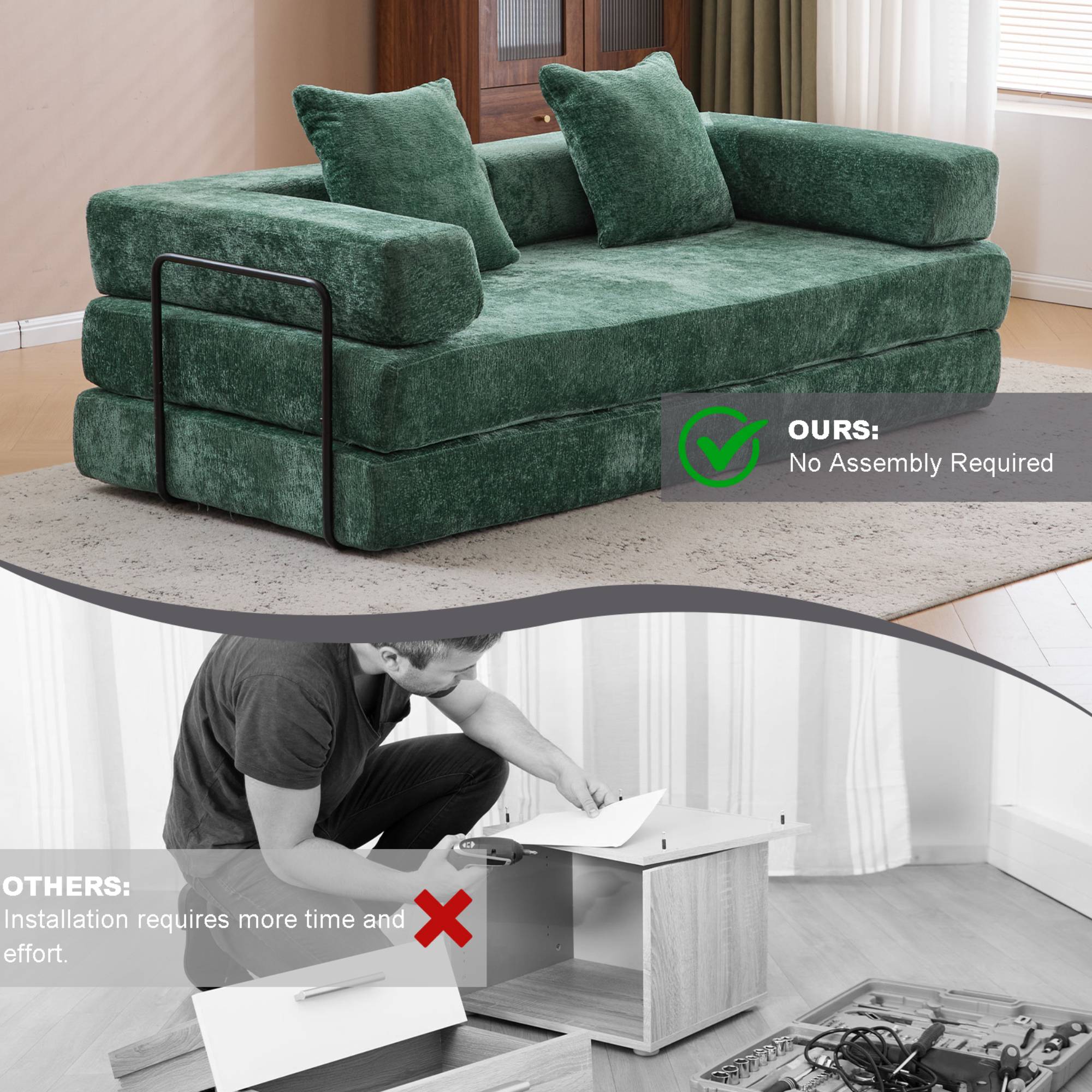 Convertible Sleeper Sofa Bed with Pillow, Corduroy Folding Mattress Floor Sofa Lounge Couch for Living Room, Bedroom, Dark Green