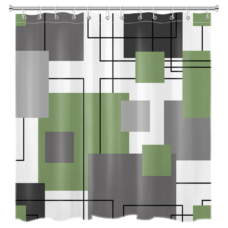 Sage Green and White Abstract Geometric Shower Curtain Bathroom Accessories  Set