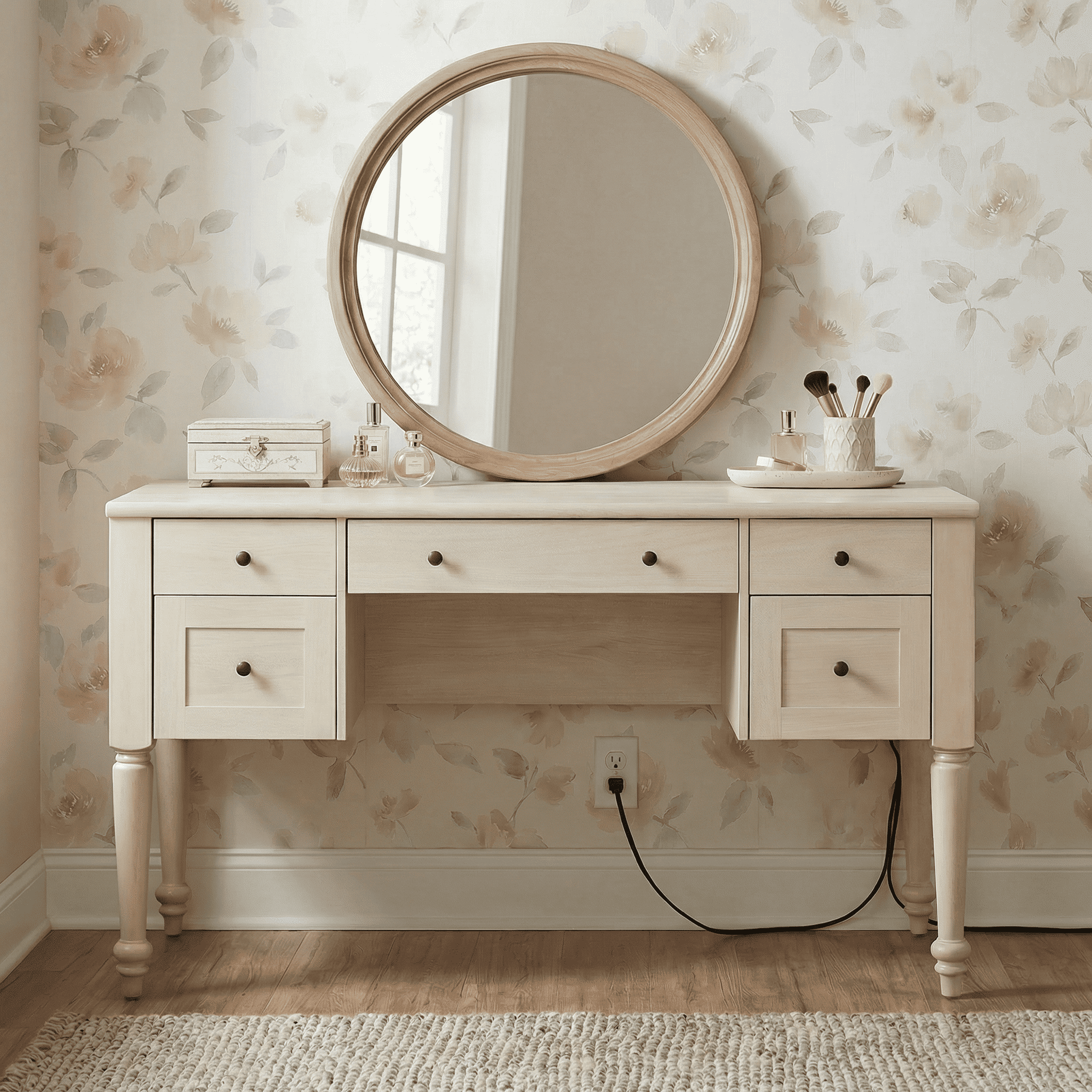 Vanity Desk with 5 Drawers, Home Office Desk with Charging Station, No Mirror, Makeup Vanity Dressing Table with Rear Cabinet Storage, Door, Open Shelf for Bedroom, Beige