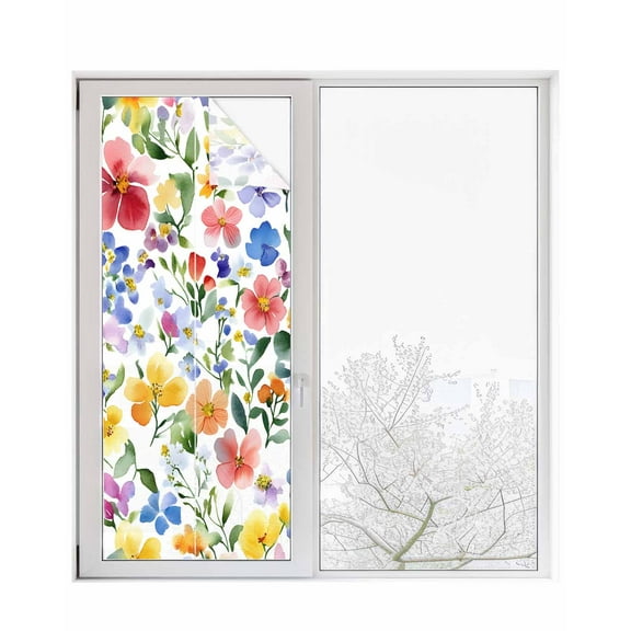 Window Privacy Film Flower Floral Stained Glass Window Film Decorative Sun Block Window Cover Colored Watercolor Spring Plant Leaf Window Clings Static Adhesive Sticker for Bathroom 23.6"x59"