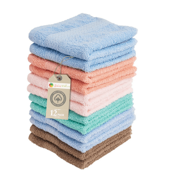 Living Fashions Luxurious Washcloths - Set of 12 - Size 13" x 13" - Absorbent and Soft Cotton Wash Cloth for Body and Face