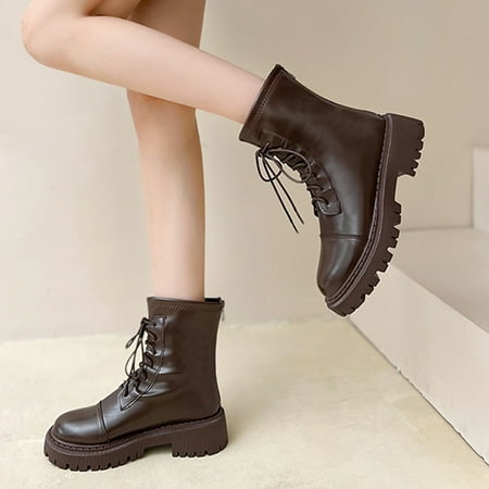 

Cathalem Women Boots Lace up Fashion Women s Shoes British Style Leather Lace Up Back Zipper Solid Casual Boots Shoes Brown 7