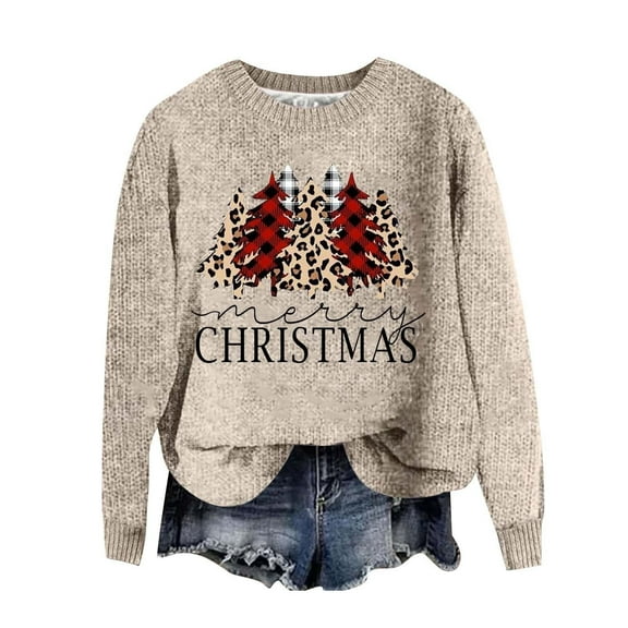 Women's Sweater Christmas Leopard Print Xmas Tree Long Sleeve Crew Neck Loose Fit Knitted Fall Clothes Outfits