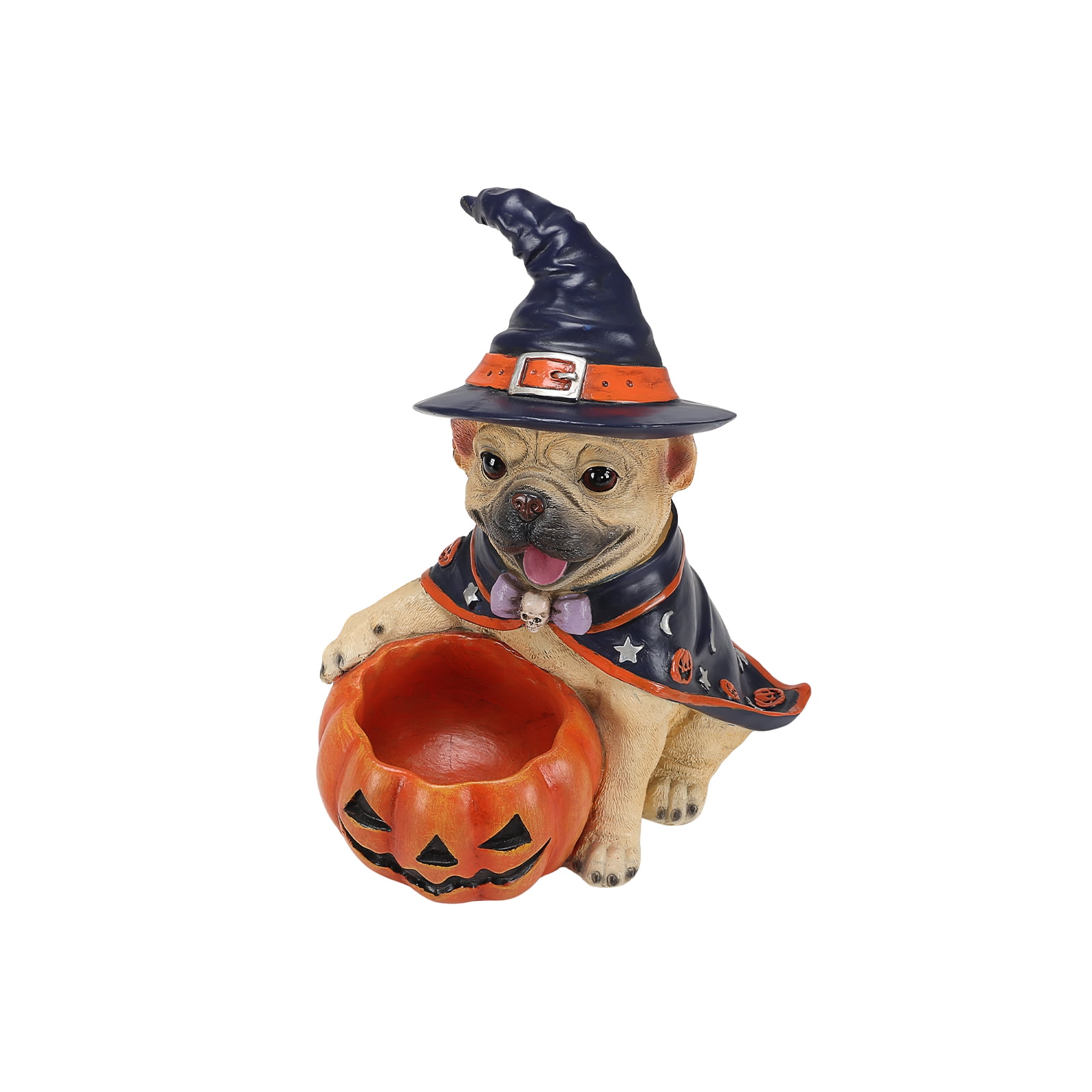 French Bulldog Figurine 12.6 Inch, Halloween Witch Puppy Statue with Pumpkin Candy Bowl, Cute Dog Decor for Tabletop and Holiday Display, Beige and Orange-Red