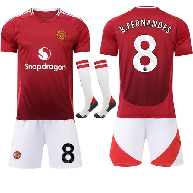 Man Utd Home Kit for Kids & Adults with Socks, Size 24-25, No.8 Fernandes