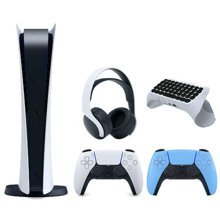 Sony Playstation 5 Digital Edition Console with Extra Blue Controller, White PULSE 3D Headset and Surge QuickType 2.0 Wireless PS5 Controller Keypad Bundle