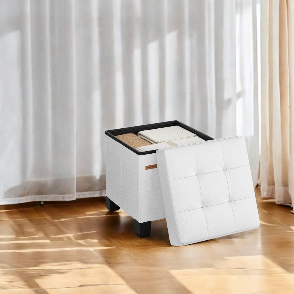 LEDREM 15-Inch Cube Storage Ottoman, 660 lb Capacity Foldable Footrest with 10 Gallon Storage, Synthetic Leather, Cloud White