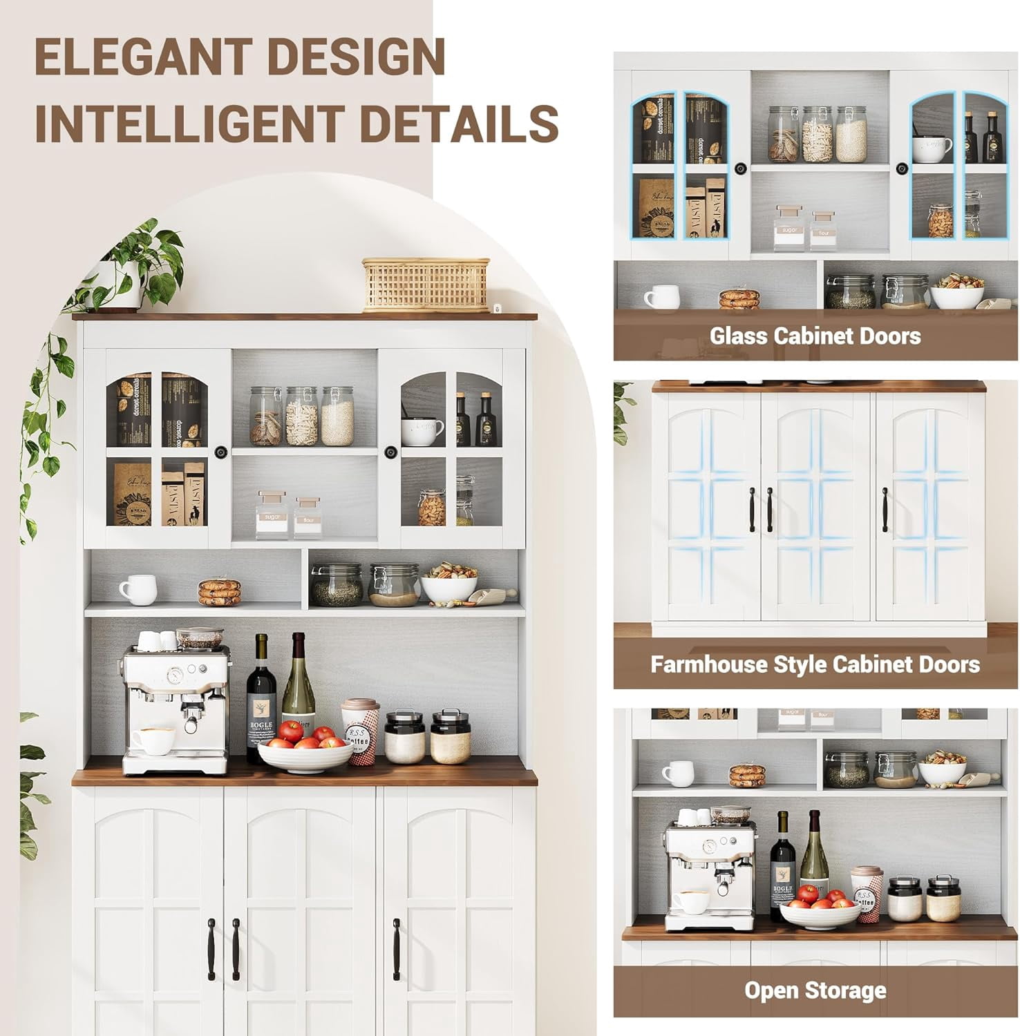 Pantry Cabinet with Charging Station, Tall Kitchen Pantry Storage Cabinet with Hutch,70.9 Inch Kitchen Cabinet with Glass Doors, for Dining Room