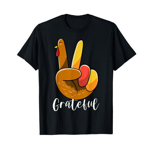 Peace Sign Hand Turkey Thanksgiving Grateful Women Kids Girl T-Shirt
