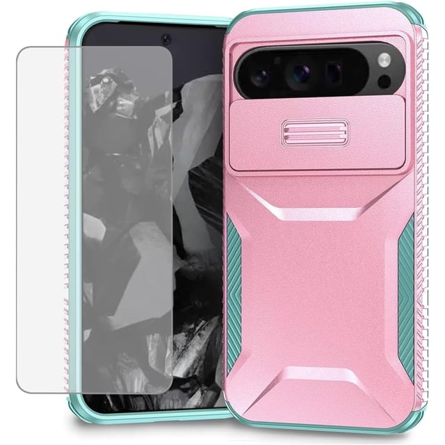 KOMI Case for Pixel 8 Pro Case, Google 8 Pro Case with Tempered Glass Screen Protector and Slide Camera Cover, Non-Slip Heavy Duty Shockproof Phone Cover for Google Pixel 8 Pro PC Pink