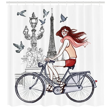 Bicycle Bridge For Windows 7 Eiffel Tower Shower Curtain, Illustration of a Woman on Alexander III Bridge in Paris Riding a Bike, Fabric Bathroom Set with Hooks, 69W X 84L Inches Extra Long, Grey Red Peach, by Ambesonne ()