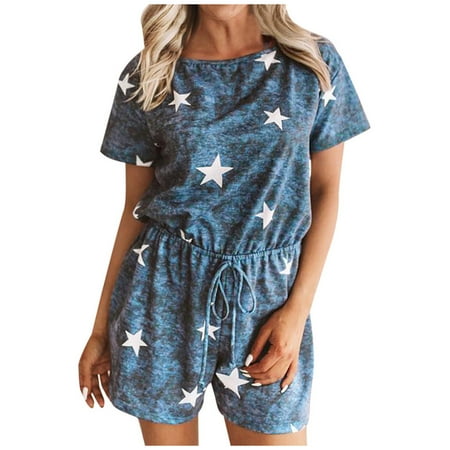 

Dressy Jumpsuits For Women Fashion Stars Print Short Sleeve O-Neck Short Overalls Blue XL