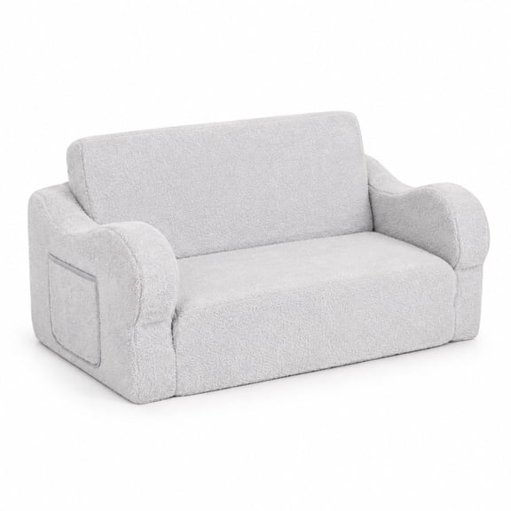 Fold Out Sofa Chair, Extra Wide 2-in-1 Flip Couch, Grey, Memory Foam and Fluffy Fabric with Side Pocket