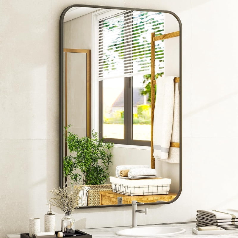 Clarvion 20"x28" Rounded Edge Rectangle Bathroom Mirror Wall Mounted Vanity Mirror,Black