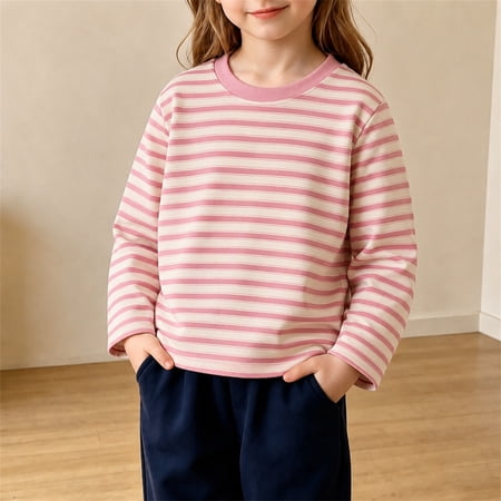 Mifsaly Toddler Girls Boys Striped Cotton T-Shirts Long Sleeve Crewneck Pullover Tops Comfortable Daily Loose Fit Fall School Uniform Pink 11-12 Years