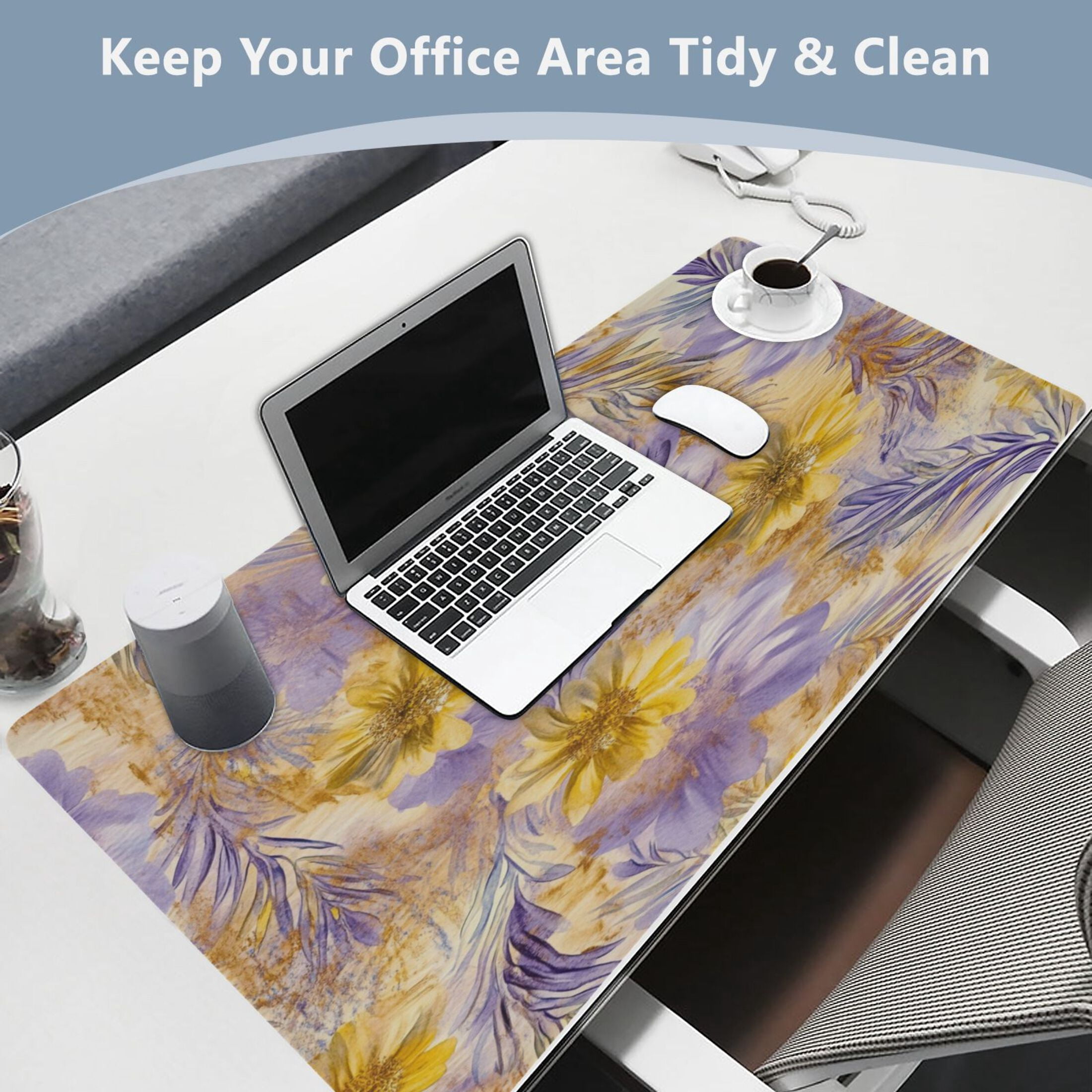 Leather Keyboard and Mouse Desk Mat Office Desk Accessories Protective Office Desk Decor Desk Pad Mat for Gaming, Work from Home, Office Yellow and Lavender Flowers 16.5" x 35.4"