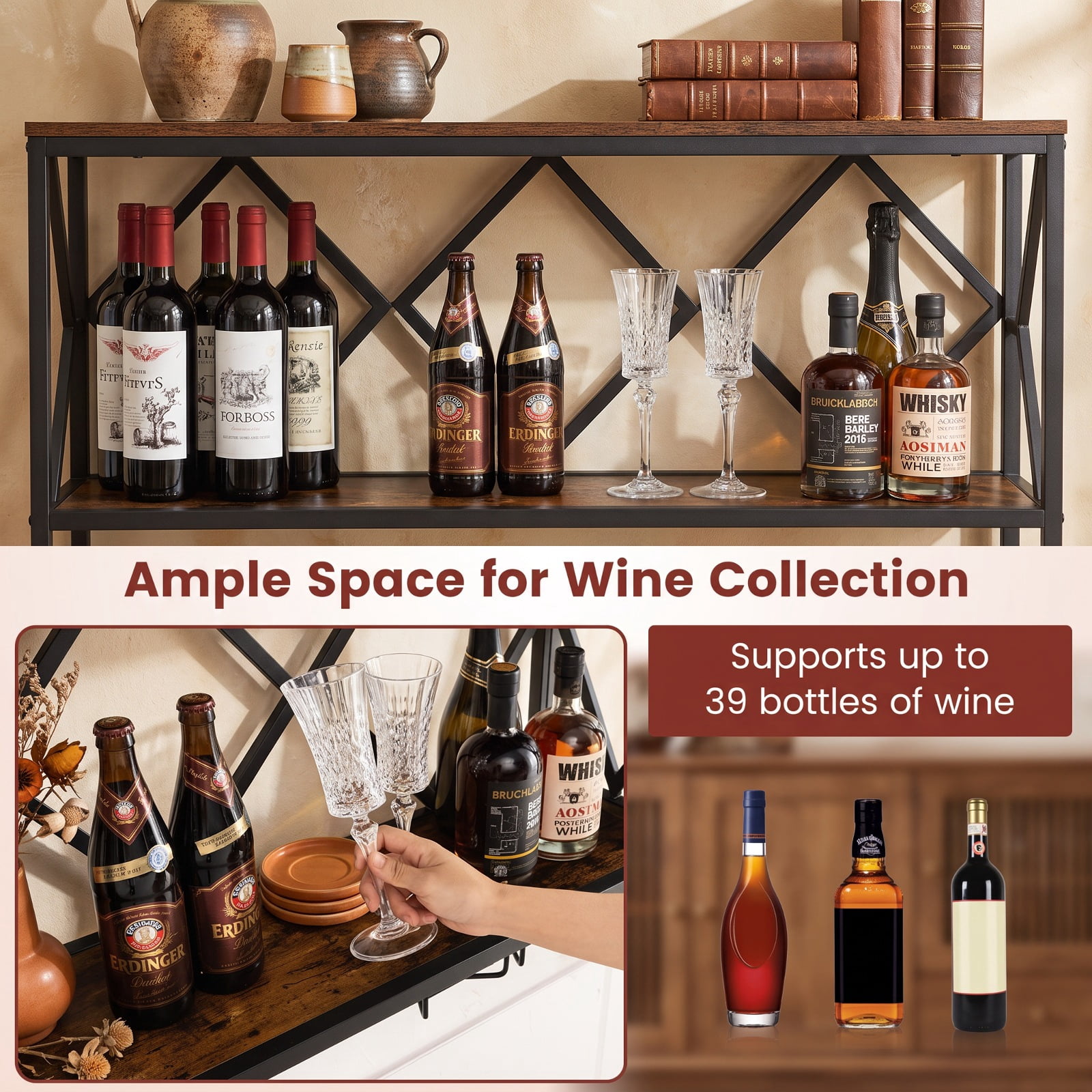 RUIE Wall Mounted Wine Rack for 39 Bottles and 12 Glasses, Metal Wood Hanging Wine Bottle Holder with Stemware Rack for Kitchen - Rustic Brown Black