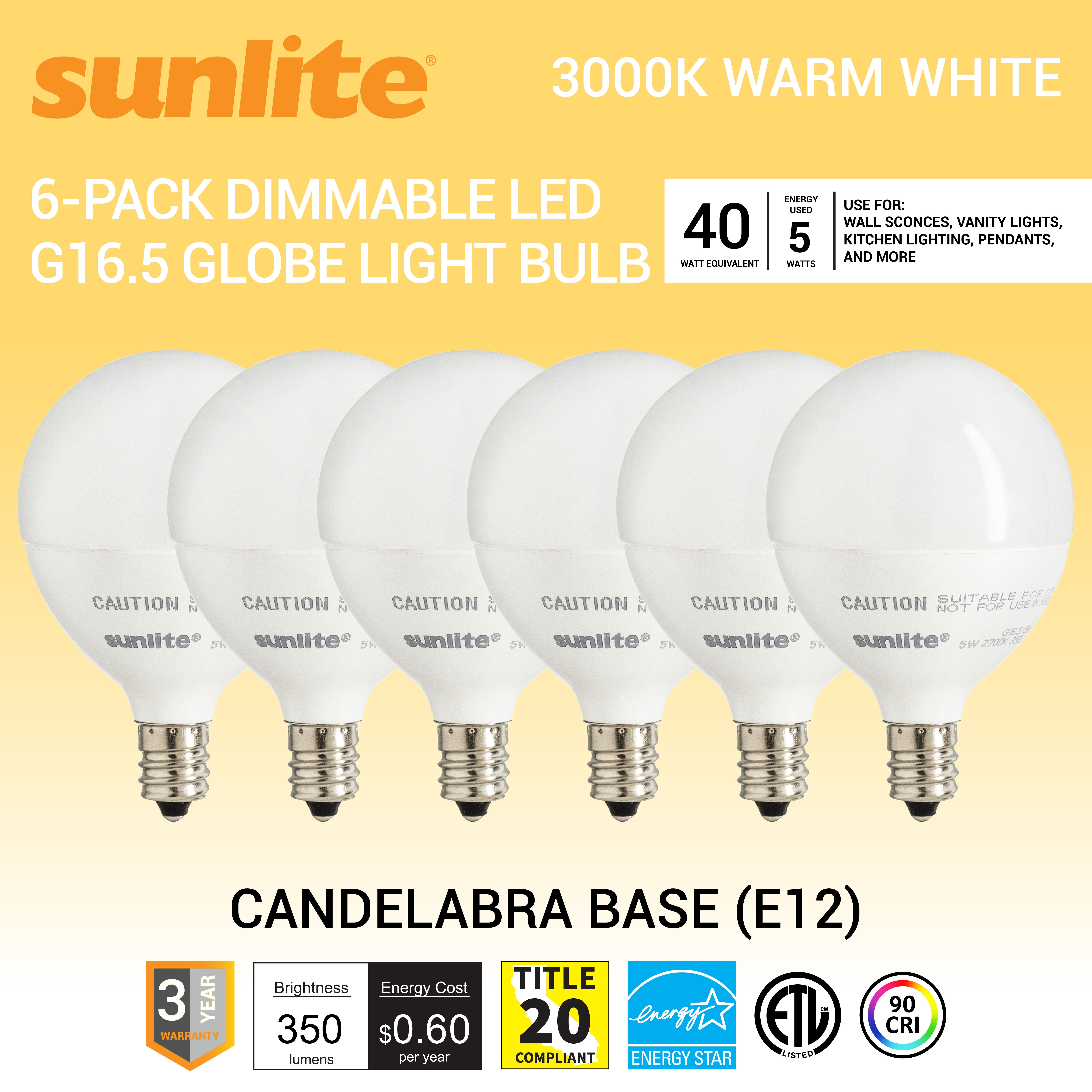 Sunlite LED G16.5 Light Bulb, 5 Watts (40W Equivalent), Candelabra E12 Base, Dimmable, Frost, ETL Listed, 3000K Warm White, 6-Pack