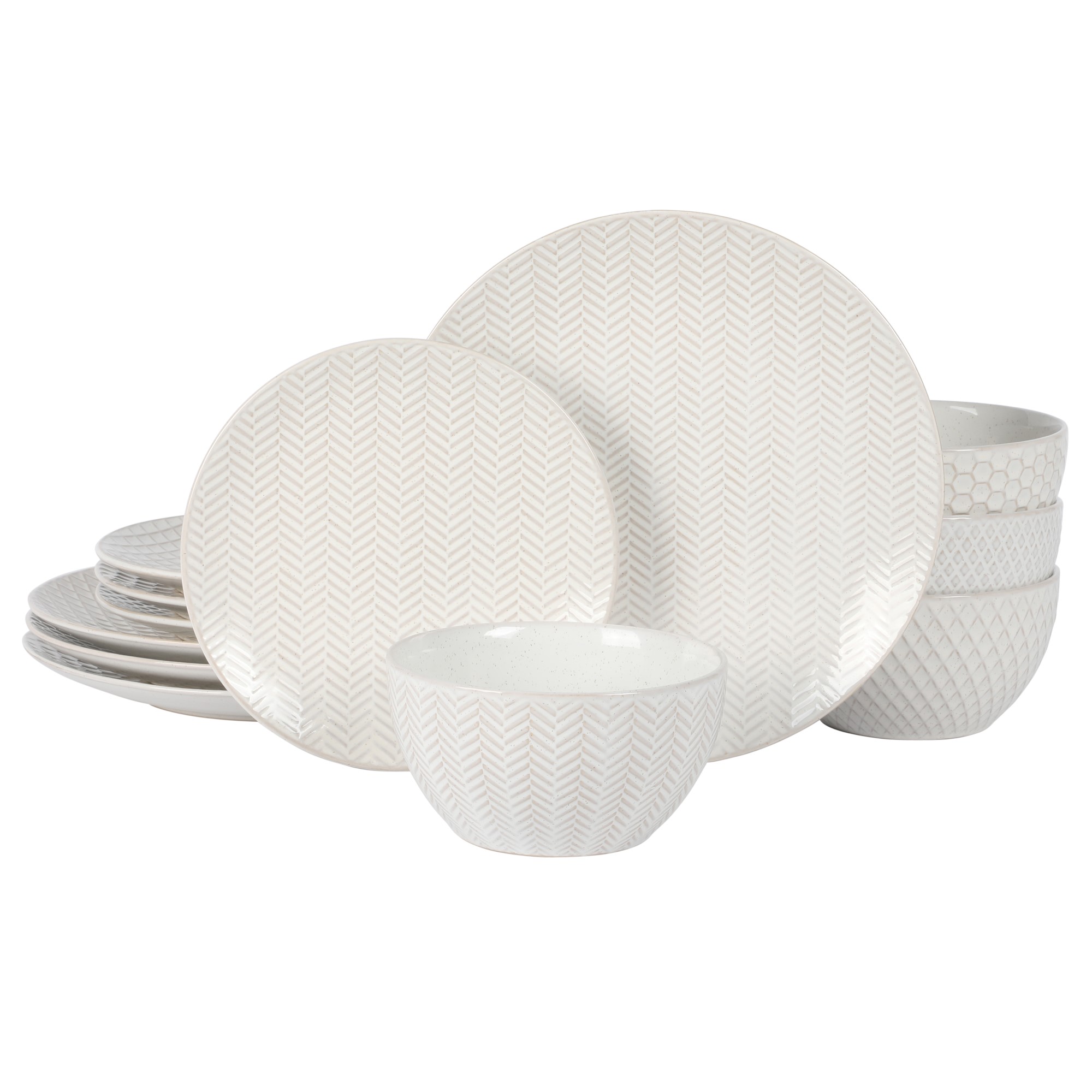 Gibson Elite Oyster Tide Embossed 12 Piece (Service for 4) Plates and Bowls Reactive Glaze Round Dishes Stoneware Ceramic Dinnerware Set, White