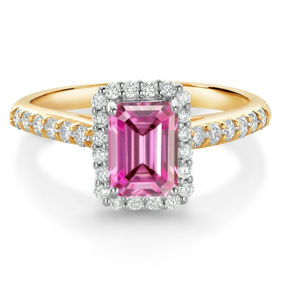 Gem Stone King 10K Yellow and White Gold Halo Engagement Ring Pink Moissanite and Lab Grown Diamond (1.34 Cttw, Size 6)