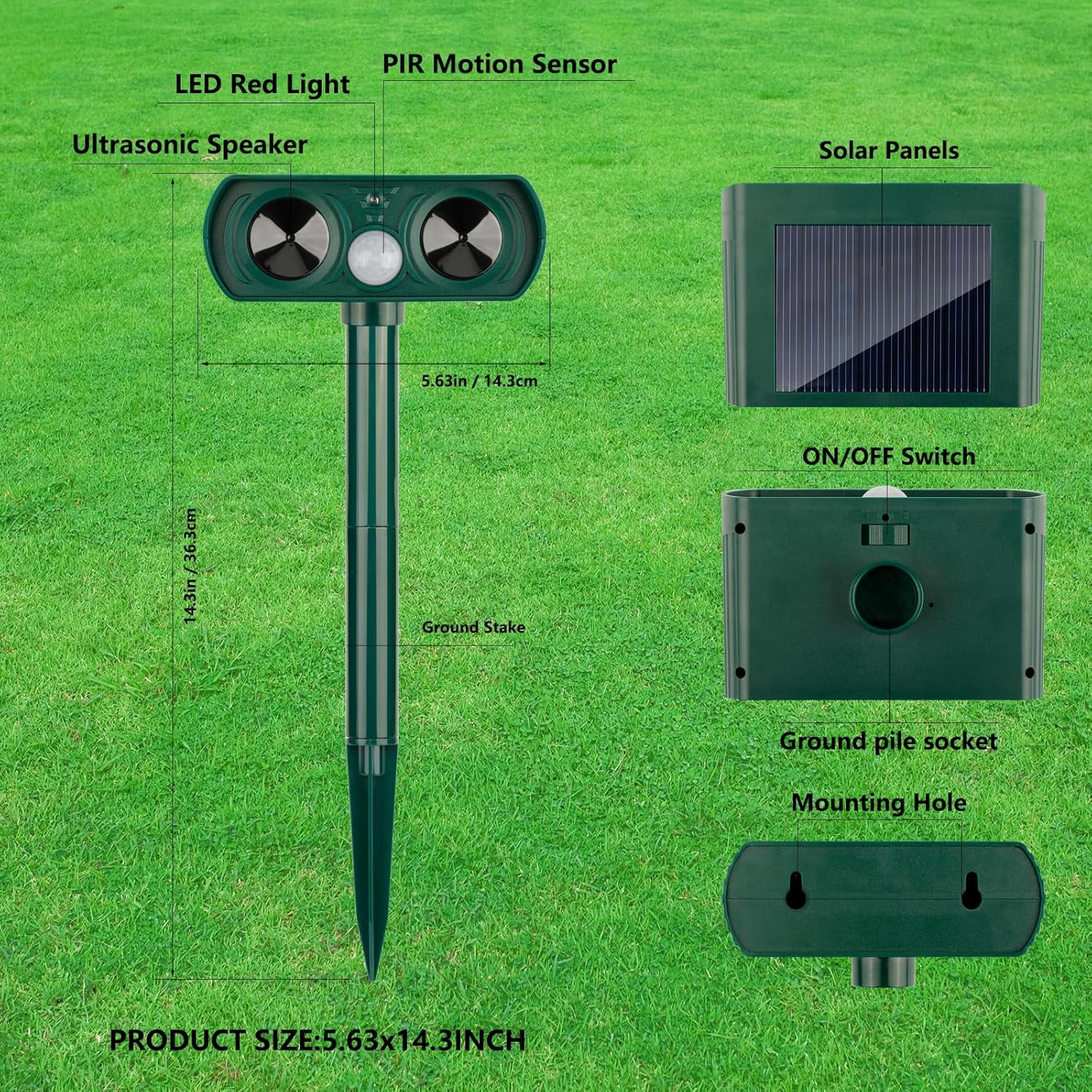 2Pack 2025 Solar Ultrasonic in Repellent Defender Rat, Squirrel, Deer, Raccoon, Skunk, Rabbit, Mole, Dog, Cat, Waterproof with Motion Detector for Yard Lawn (2, Green)