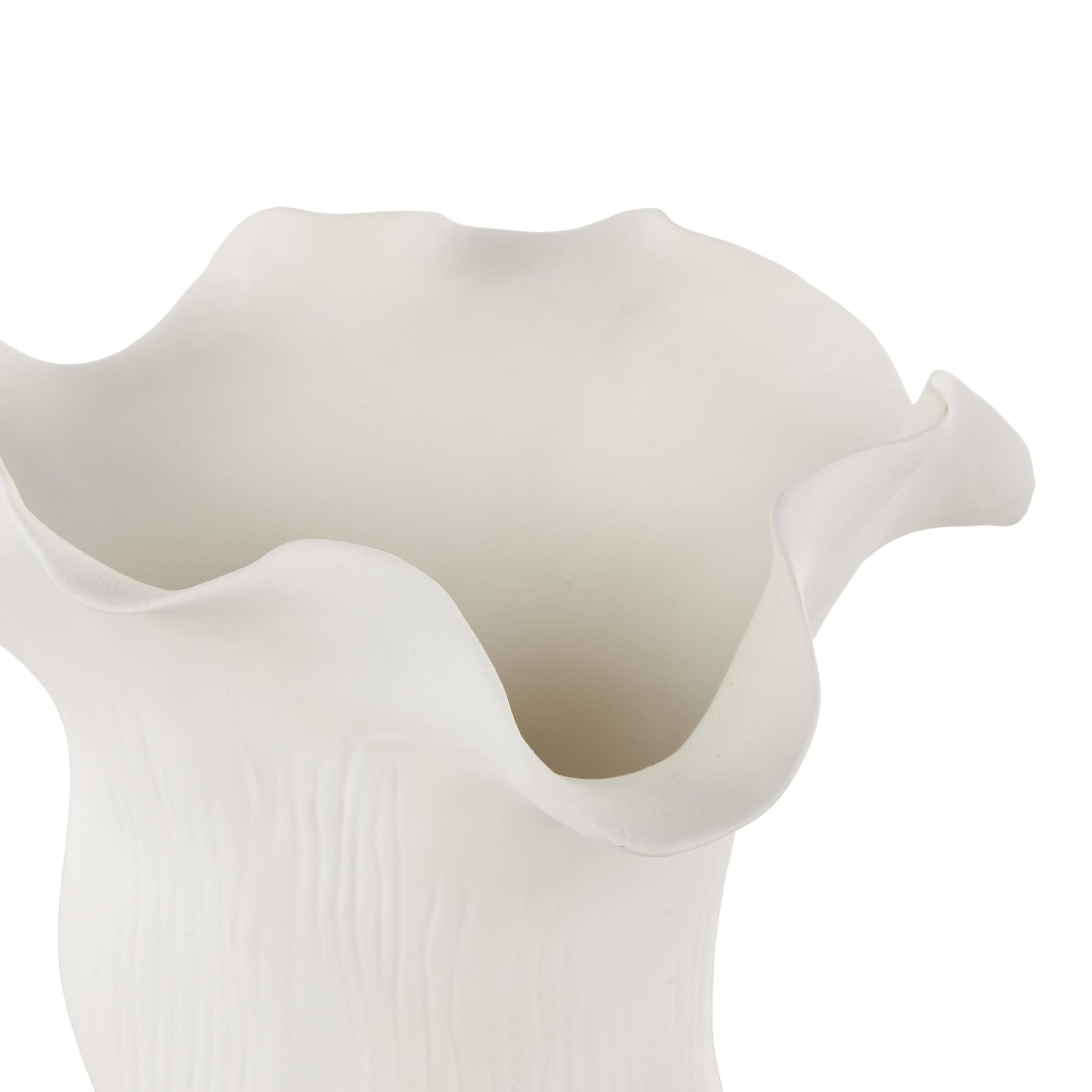 DecMode 11" Abstract Floral Inspired White Ceramic Vase with Wavy Folded Rim and Linear Grooves