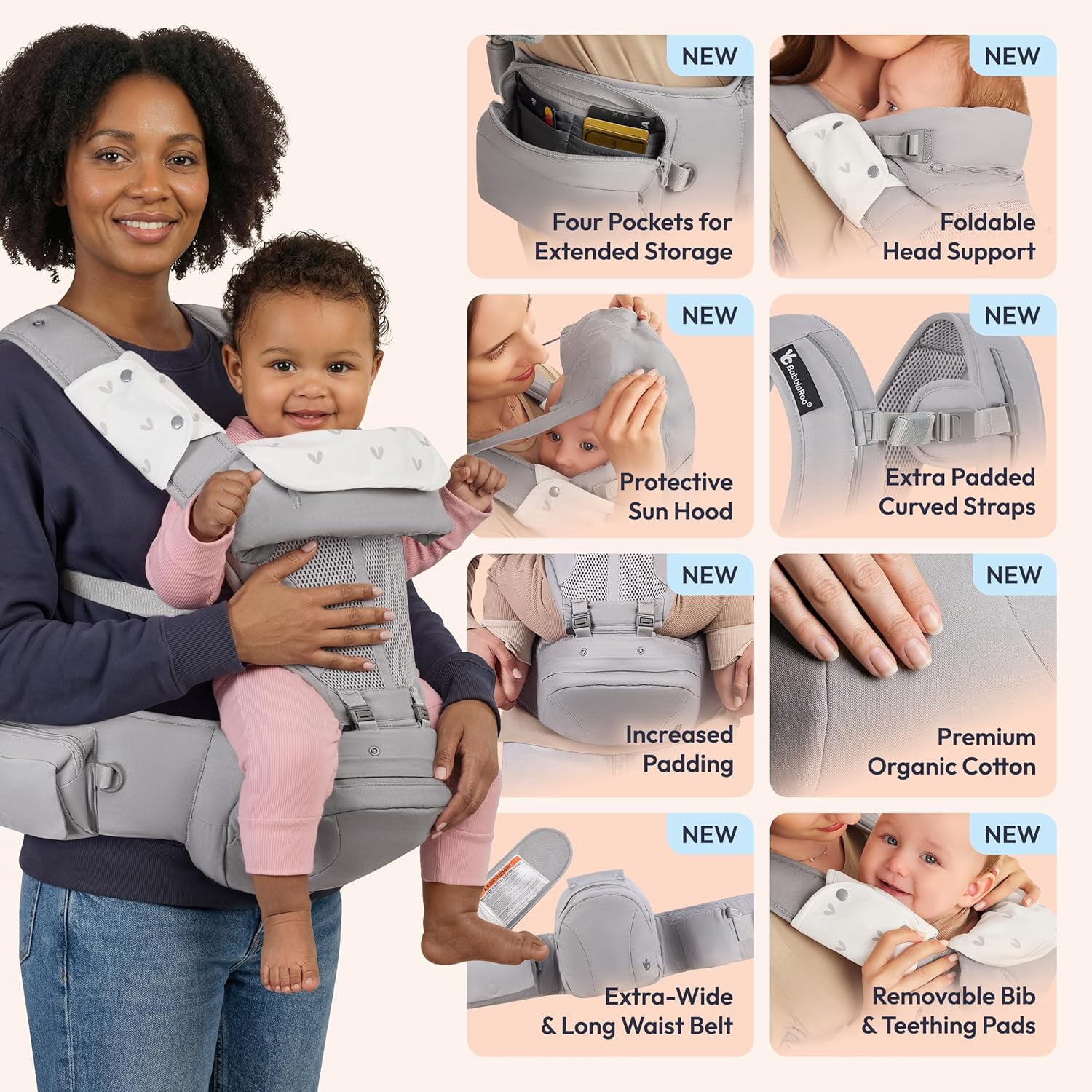 BabbleRoo Grow Plus Carrier – Safety Certified Organic Cotton Baby Carrier with Detachable Hip Seat, Infant to Toddler (7–50 lbs)- Light Gray