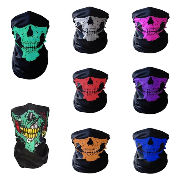 8Pcs Halloween Skull Neck Gaiter Face Mask, Polyester Microfiber Multicolor Seamless Bandana, Versatile Headwear for Cycling Motorcycle Party Cosplay