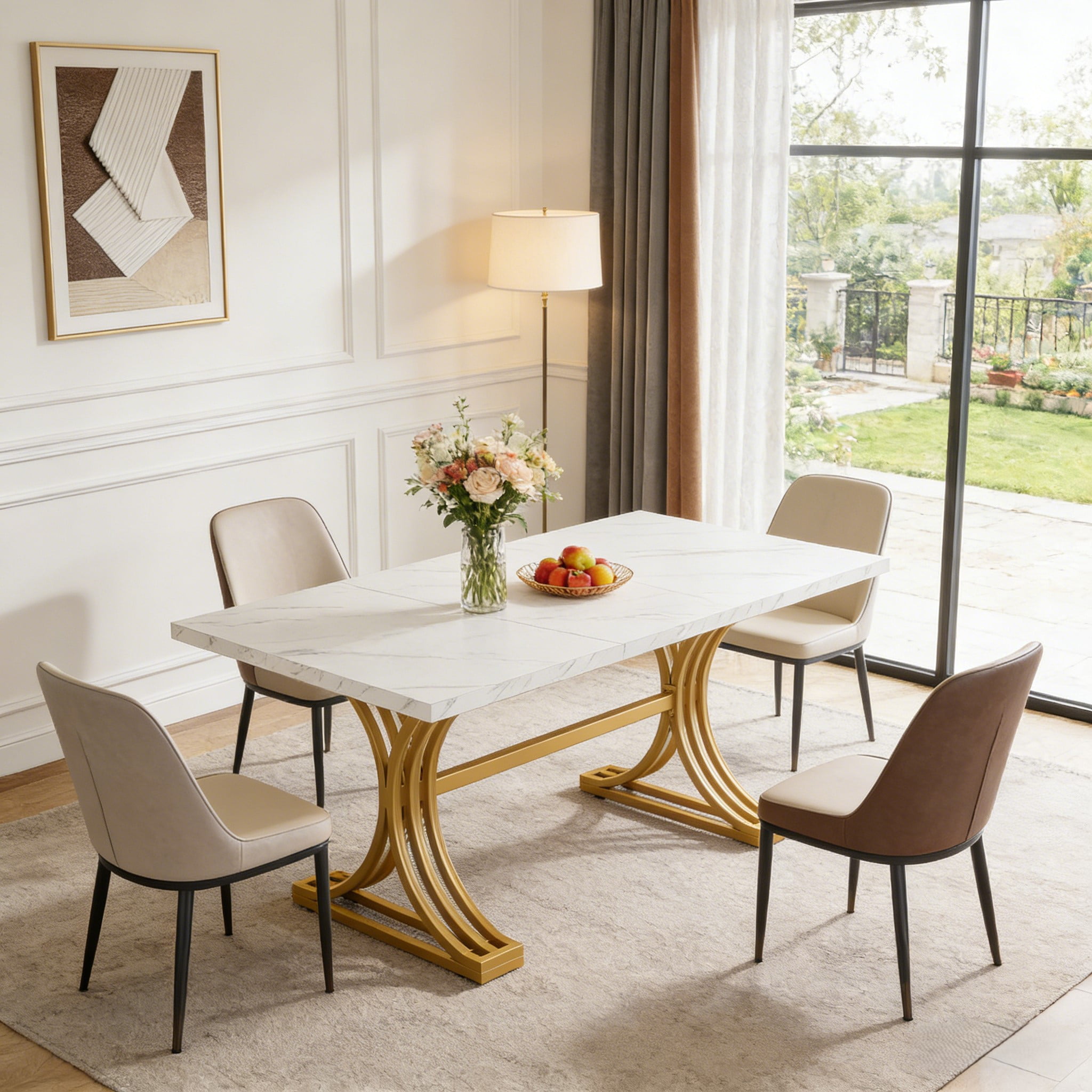 Fnova 63" Modern Dining Table, Rectangular White Faux Marble Top Kitchen Table, Stylish Metal Trestle Legs, Seats 4 to 6 for Dining Room & Kitchen, Living Room