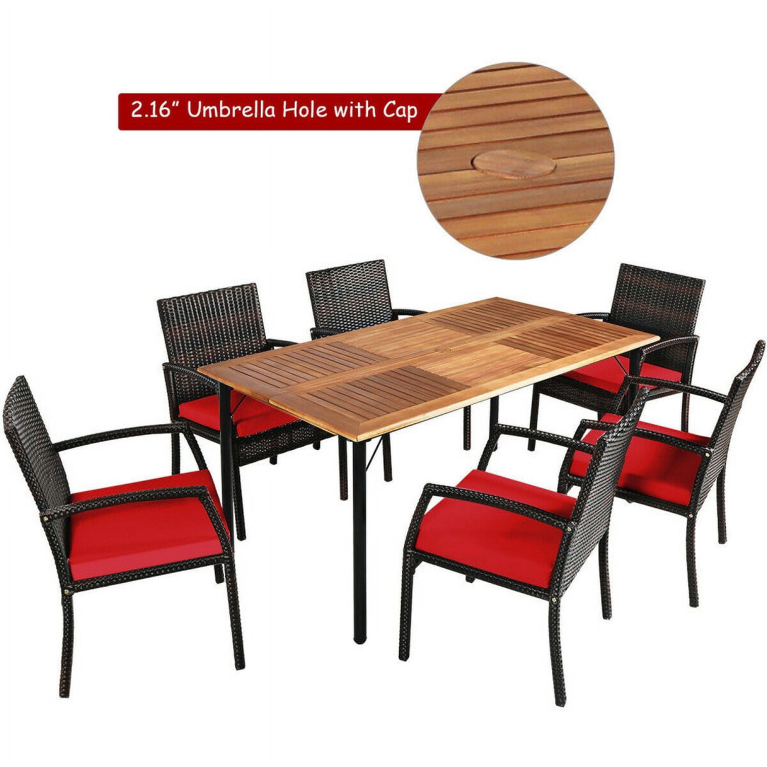 Aimee Lii 7Pcs Patio Rattan Cushioned Dining Set with Umbrella Hole, Outdoor Patio Furniture, Red Aimee Lii 7Pcs Patio Rattan Cushioned Dining Set with Umbrella Hole, Outdoor Patio Furniture, Red