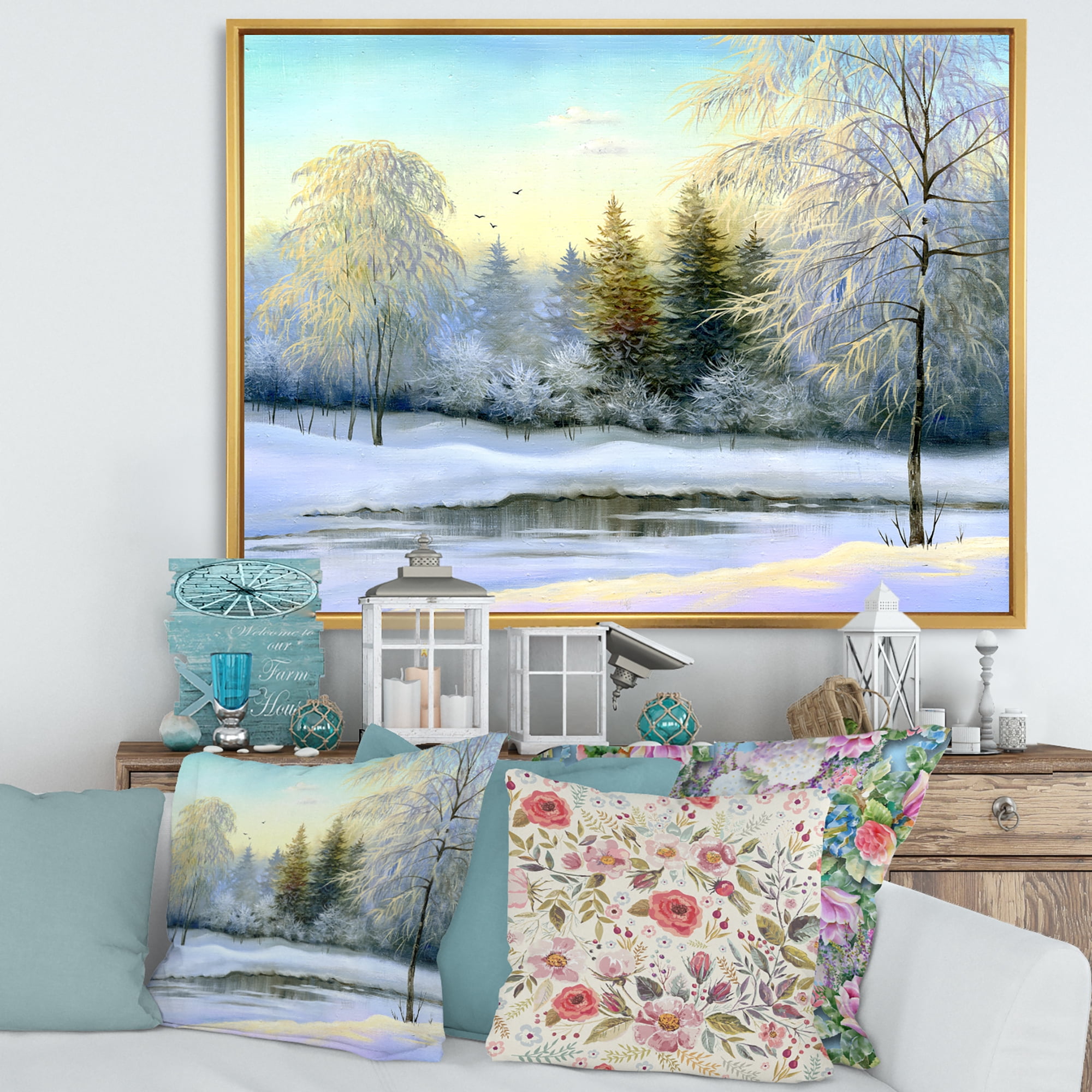 Designart 'Green Trees In Beautiful Winter Snow Landscape' Traditional Framed Canvas Wall Art Print
