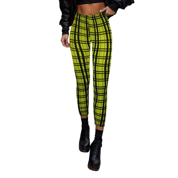 HNMKIU Women's High Waist Slim Fit Plaid Print Denim Casual Stretchy Tailored Comfortable Pants Leggings for Women Plus Size Yellow,L