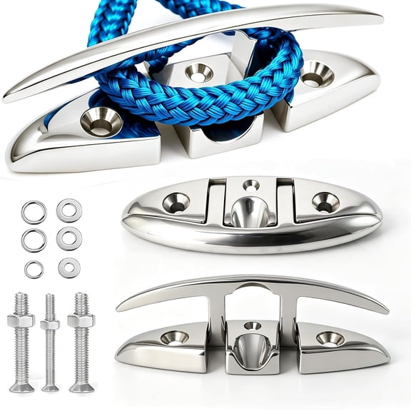 RIONIMA 2 Pack Folding Boat Cleats, 316 Stainless Steel Marine Dock Cleats | Flip-Up Rope Cleats for Deck, Kayak, Mooring with Fasteners Rustproof Corrosion Resistant Boat Cleats (5Inch)