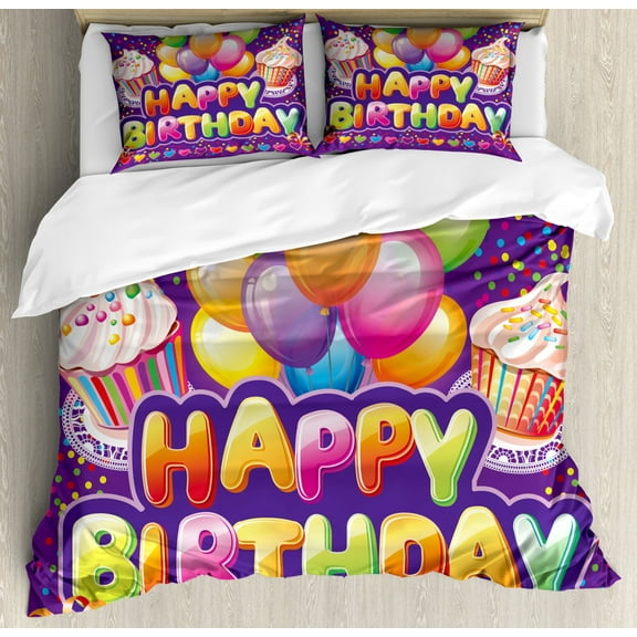 Birthday Duvet Cover Set Queen Size, Purple Colored Backdrop with Creamy Cupcakes Hearts Confetti Rain and Balloons, Decorative 3 Piece Bedding Set with 2 Pillow Shams, Multicolor, by Ambesonne
